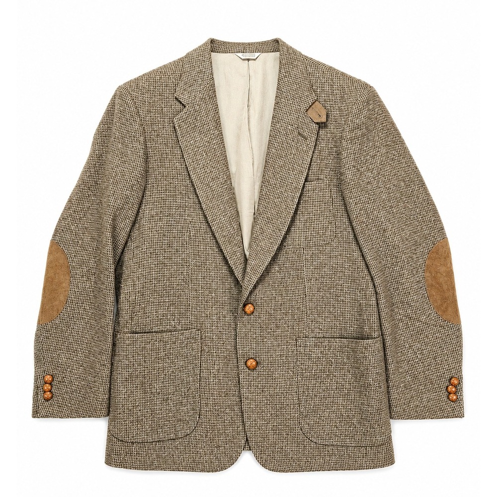 Orvis Harris Tweed Sport Coat Brown Houndstooth Suede Elbow Patches Blazer Mens